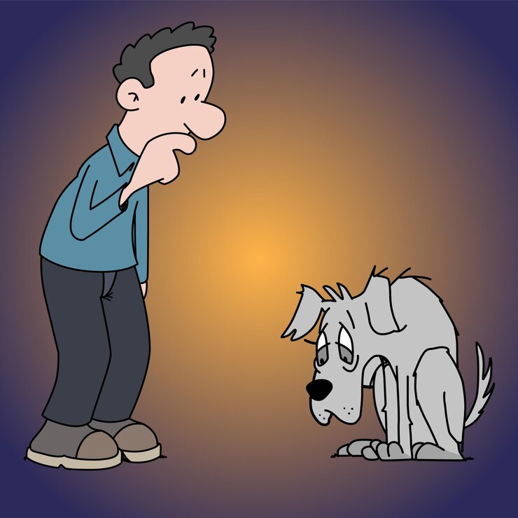 Vector perro de dibujos animados triste con hombre ilustración de doodle emocional