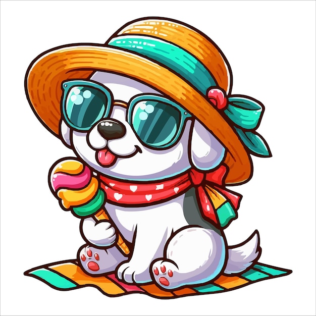 Vector perro de dibujos animados vectoriales de verano con sombrero y gafas de sol