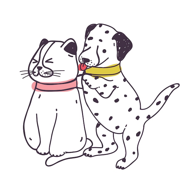 Perro divertido gato molesto. juguetón cachorro dálmata travieso irritante y molesto gatito aislado sobre fondo blanco. mal comportamiento de animal doméstico o mascota. ilustración de vector dibujado a mano colorido