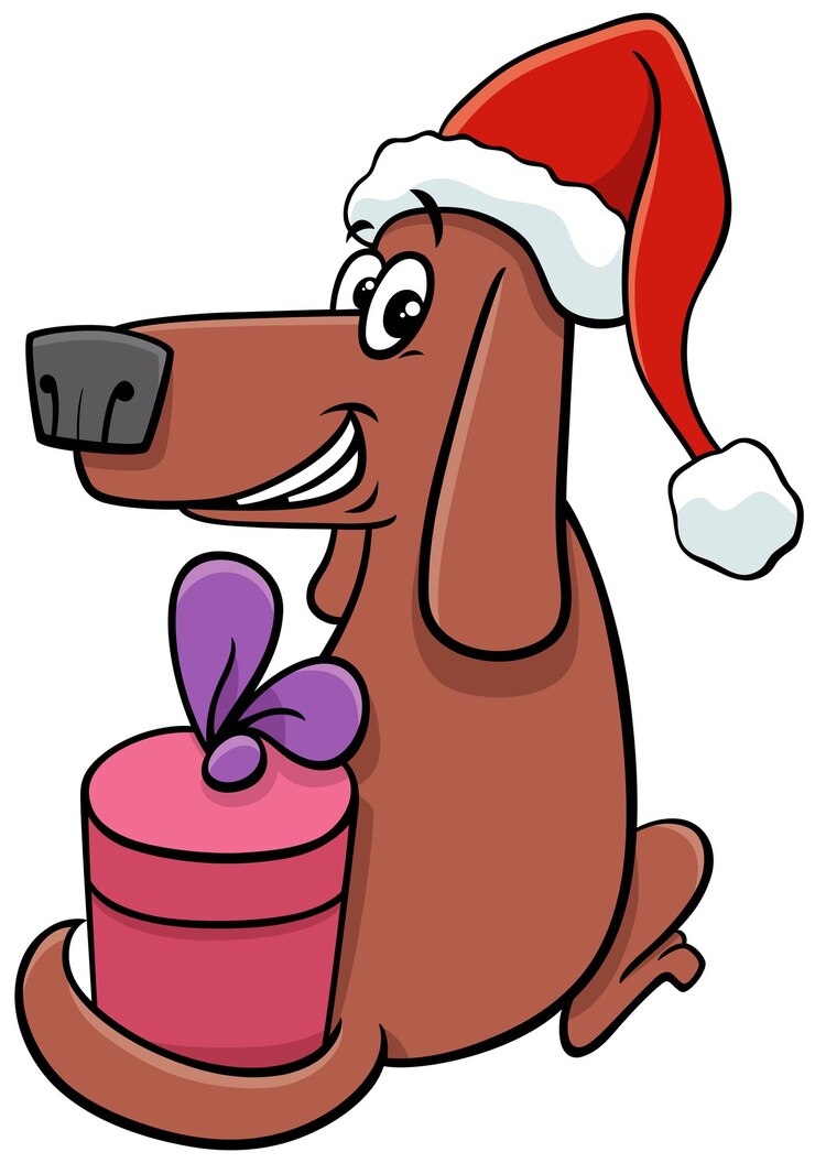 Vector perro de divertidos dibujos animados con regalo en navidad