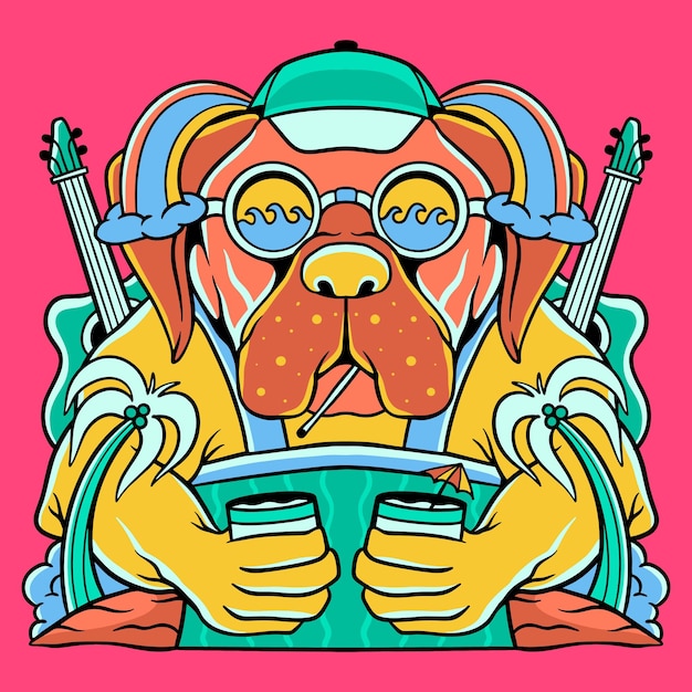 Vector perro doodle estilo vector camiseta diseño ilustraciones mano música dibujada verano paraíso tropical