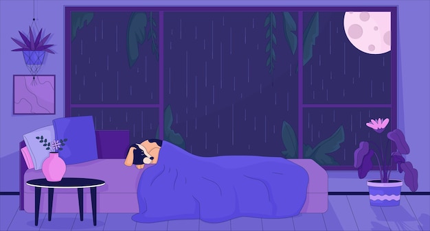 Perro durmiendo en la cama por la noche fondo de dibujos animados 2D lluvioso