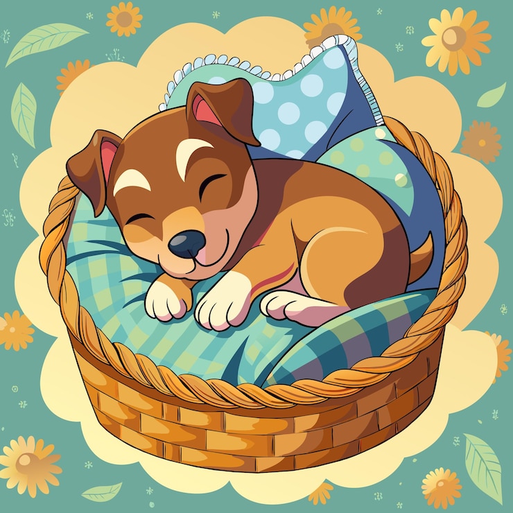 Vector un perro durmiendo en una canasta con una manta de puntos de polca azul y blanca