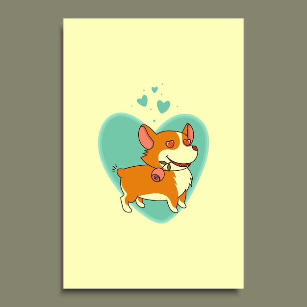 Perro enamorado con una rosa en la boca sobre un fondo de gran corazón. ilustración de vector de welsh corgi. plantilla de postal.