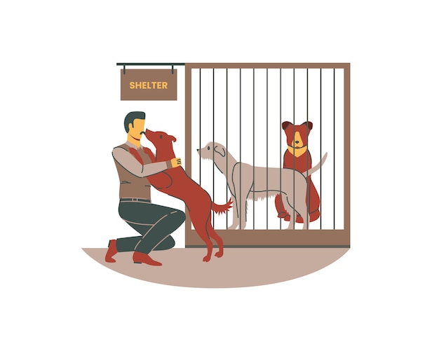 Perro enjaulado con su dueño en un refugio de animales Ilustración vectorial plana