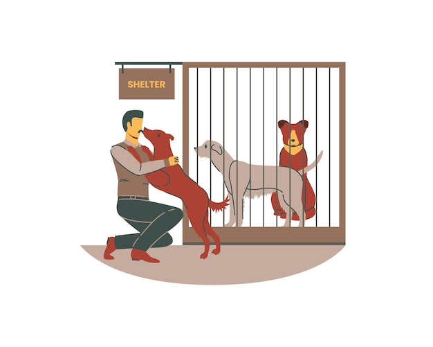 Vector perro enjaulado con su dueño en un refugio de animales ilustración vectorial plana