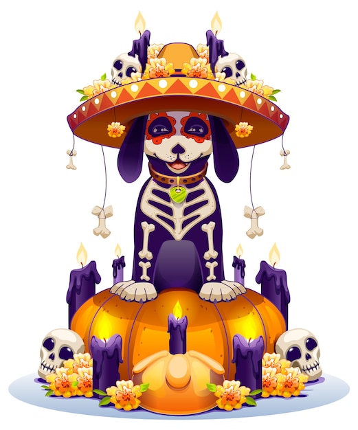 Perro esqueleto y símbolo de linterna de calabaza día festivo día de muertos en méxico dia de muertos