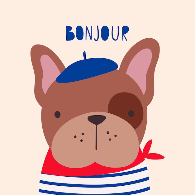 Perro francés perro de estilo francés perro de dibujos animados de ilustración vectorial vestido al estilo francés con boina