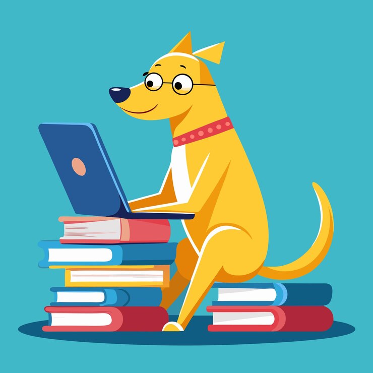 Vector un perro con gafas está sentado en una pila de libros y una computadora portátil