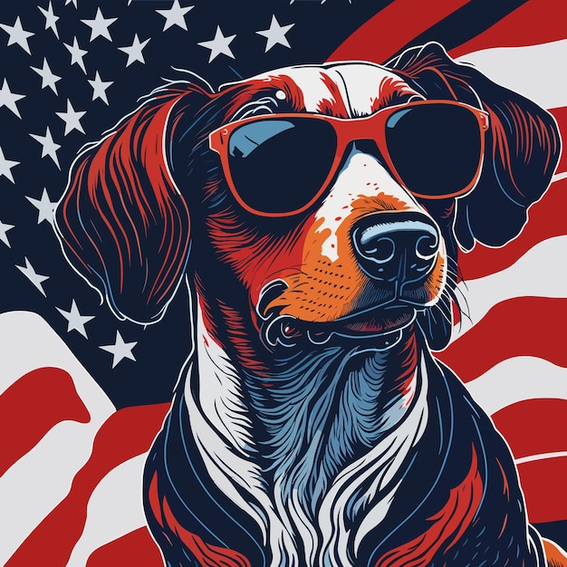 Vector un perro con gafas de sol y una bandera estadounidense al fondo.