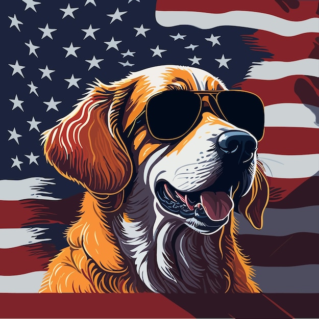 Un perro con gafas de sol y una bandera estadounidense al fondo.