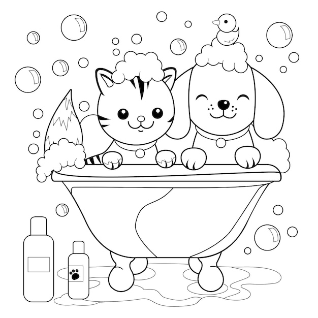 Perro y gato en una bañera tomando un baño de burbujas Mascotas en el salón de aseo Vector página de colorear