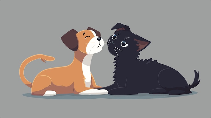 Vector perro y gato felices juntos en un lindo diseño vectorial de dibujos animados