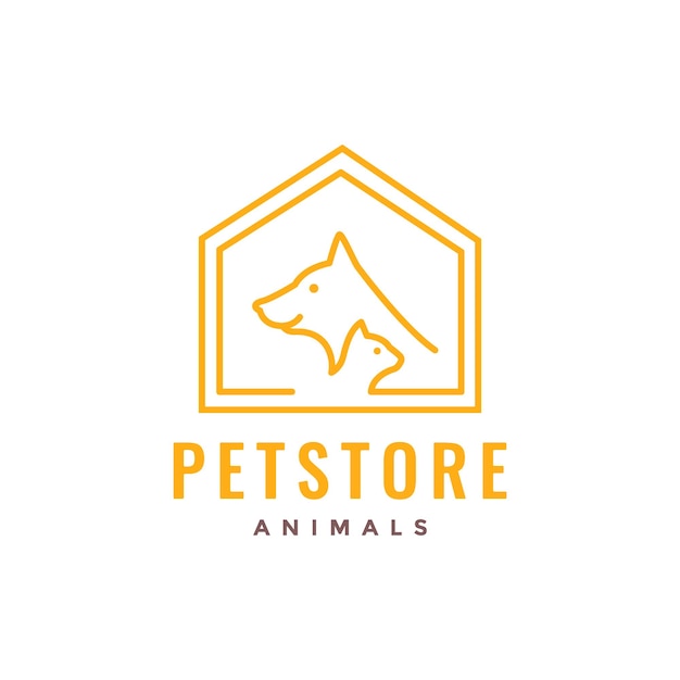 Perro gato hogar casa jaula tienda de mascotas línea arte mínimo moderno mascota logo icono vector ilustración