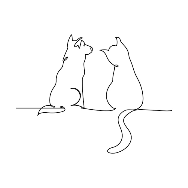 Perro y gato una línea continua Arte de línea Silueta de perro y gato Arte vectorial dibujado a mano Gato y hacer