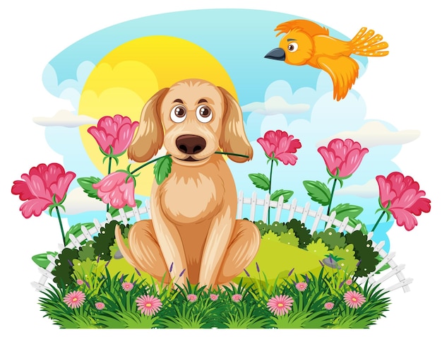 Perro golden retriever en campo de flores
