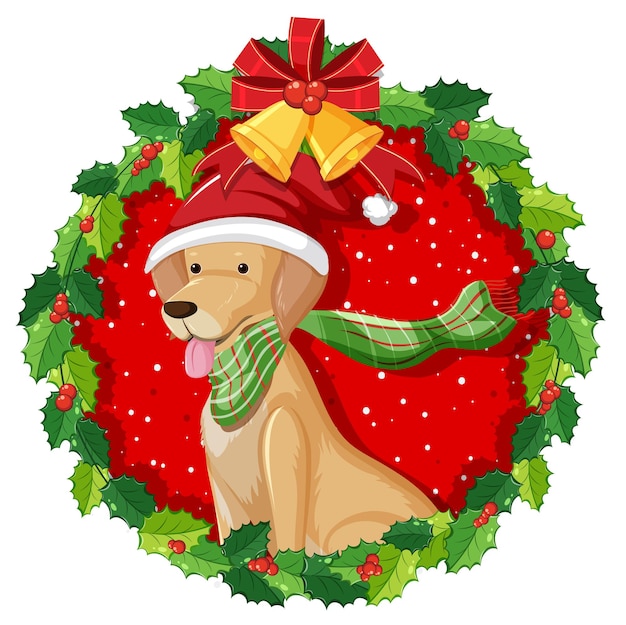 Perro golden retriever de dibujos animados en corona de navidad aislado