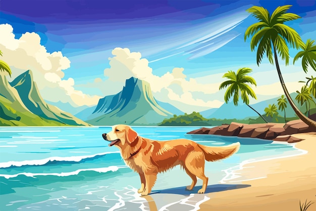 El perro golden retriever está de vacaciones de verano en un balneario y relajando la ilustración vectorial de descanso