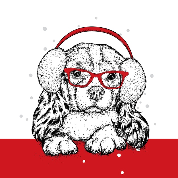 Vector perro gracioso en auriculares de invierno.
