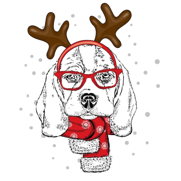 Perro gracioso con gafas y cuernos. año nuevo y navidad.