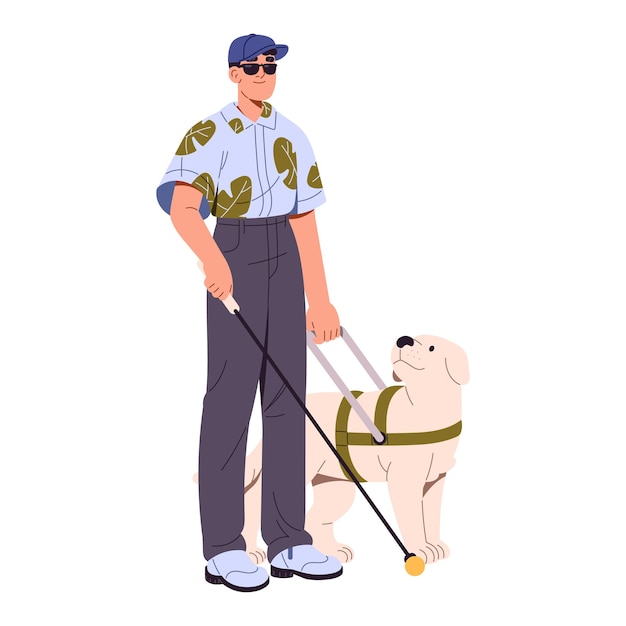 Perro guía conduce a un ciego Persona discapacitada con gafas de sol camina con bastón de caminar Mascota ayuda al personaje con discapacidad discapacidad de la vista Ilustración vectorial aislada plana sobre fondo blanco