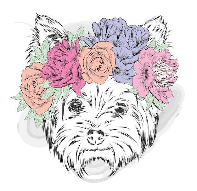 Vector perro hermoso hipster en guirnalda floral