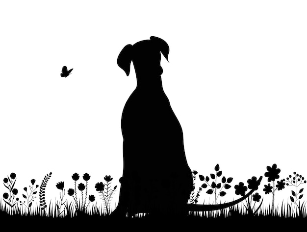 Vector perro en la hierba silueta negra aislada