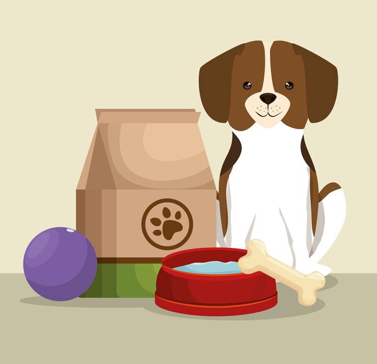 Vector perro con hueso y bolsa de comida que admite mascotas