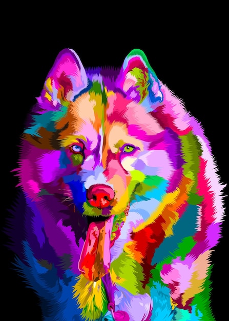 Perro husky colorido en animales poligonales geométricos de estilo pop art