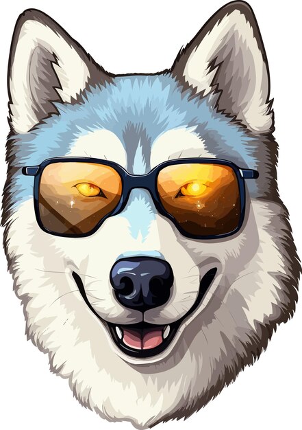 Un perro husky con gafas de sol y una luz amarilla en la cara.