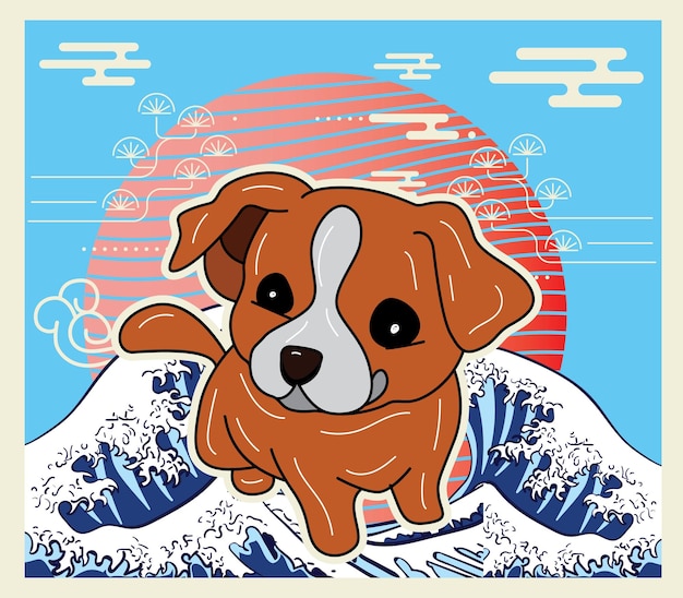 perro con ilustración de fondo japonés