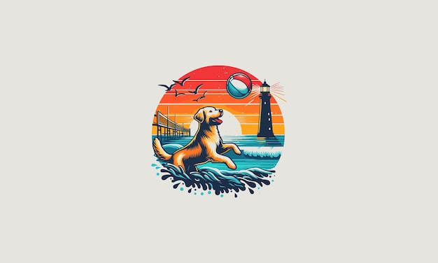 Perro jugando voleibol en la playa, diseño de ilustraciones vectoriales