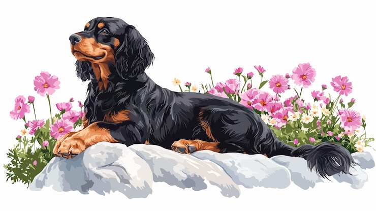 Vector perro juguetón disfrutando de las flores rosadas en el aire libre de la montaña