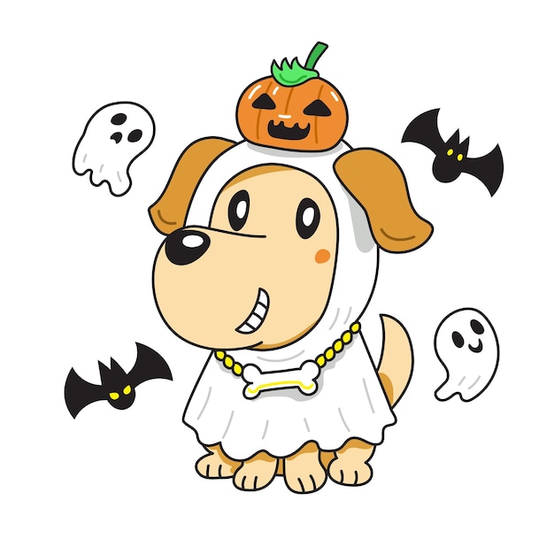 Perro Labrador Retriever de dibujos animados con disfraz de Halloween y burbuja de habla
