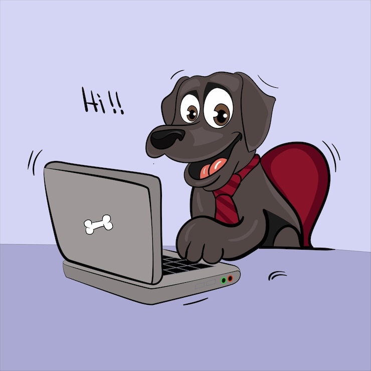 Vector perro labrador trabajando desde casa con una computadora portátil