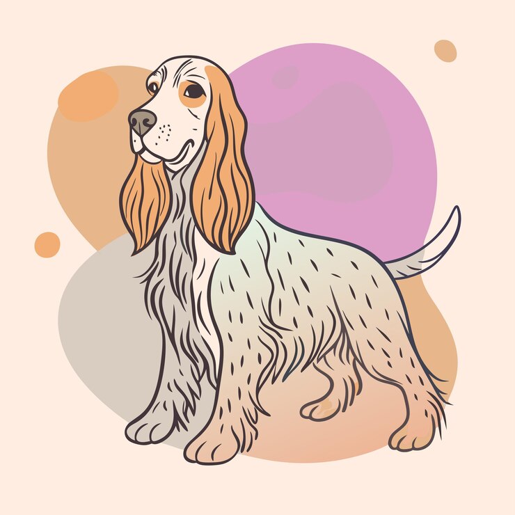 Vector un perro con una larga cola de pie frente a un fondo rosa y púrpura
