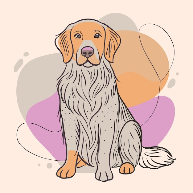 un perro con una larga cola se sienta frente a un fondo rosa y púrpura