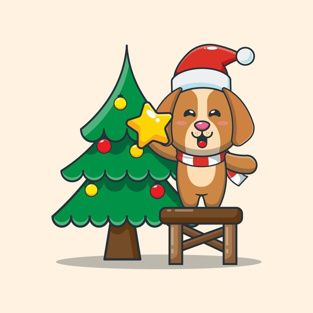 Perro lindo con árbol de navidad ilustración de dibujos animados lindo de navidad