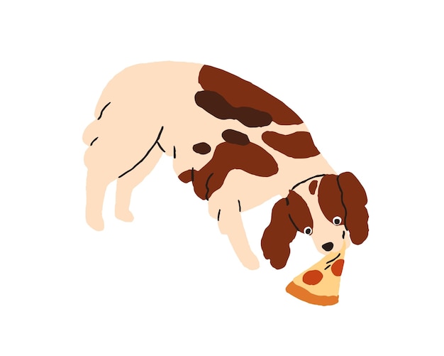 Perro lindo comiendo pizza perro gracioso divertido alimentando a un perro hambriento con una rebanada de comida rápida perro encantador y feliz durante una comida sabrosa ilustración vectorial plana aislada sobre fondo blanco