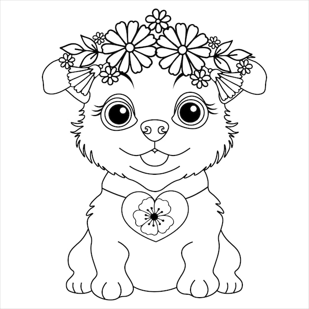 Perro lindo en una corona de flores Ilustración vectorial plana lineal