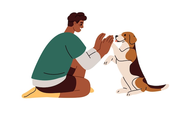Perro lindo dando cinco altos con la pata a la mano Propietario de mascota y perro comunicación hombre y perro concepto de relación animal Entrenamiento cachorro Ilustración vectorial gráfica plana aislada sobre fondo blanco