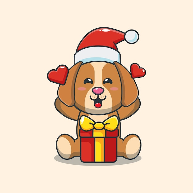 Perro lindo feliz con regalo de navidad ilustración de dibujos animados lindo de navidad