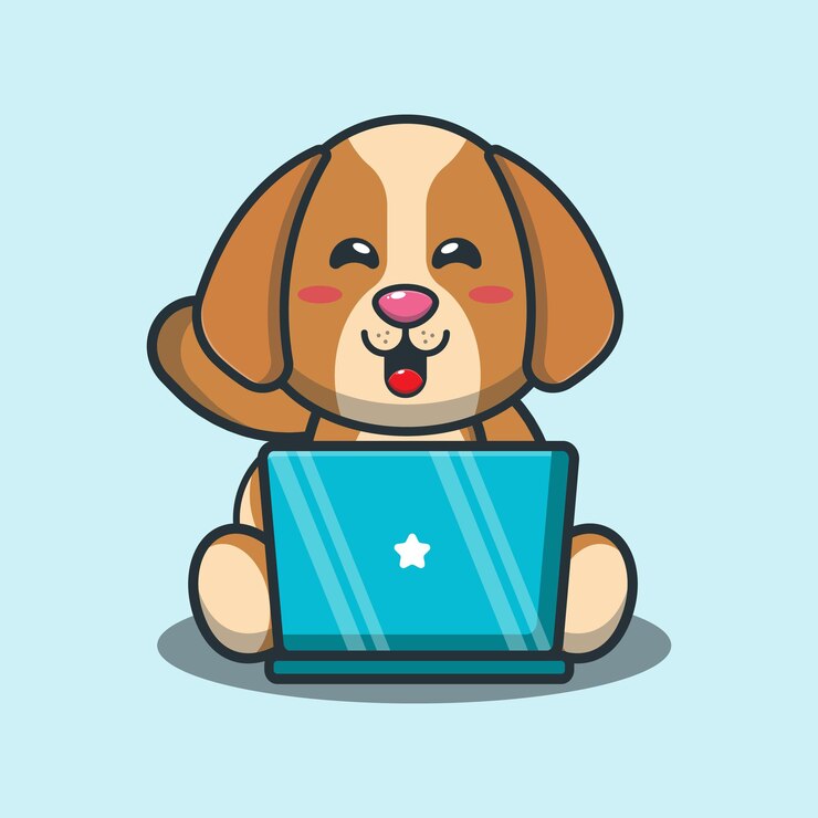 Vector perro lindo con ilustración de dibujos animados de laptop