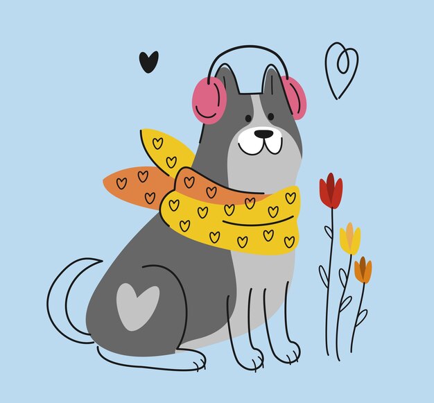 Vector perro lindo para la pegatina del día de san valentín con un cachorro adorable con flores con una bufanda elegante con