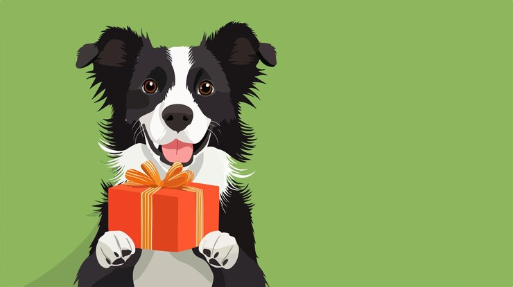 Vector perro lindo que sostiene un regalo border collie juguetón con un regalo en la boca