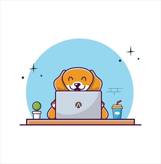 Perro lindo que trabaja en la ilustración del vector de dibujos animados de la computadora portátil