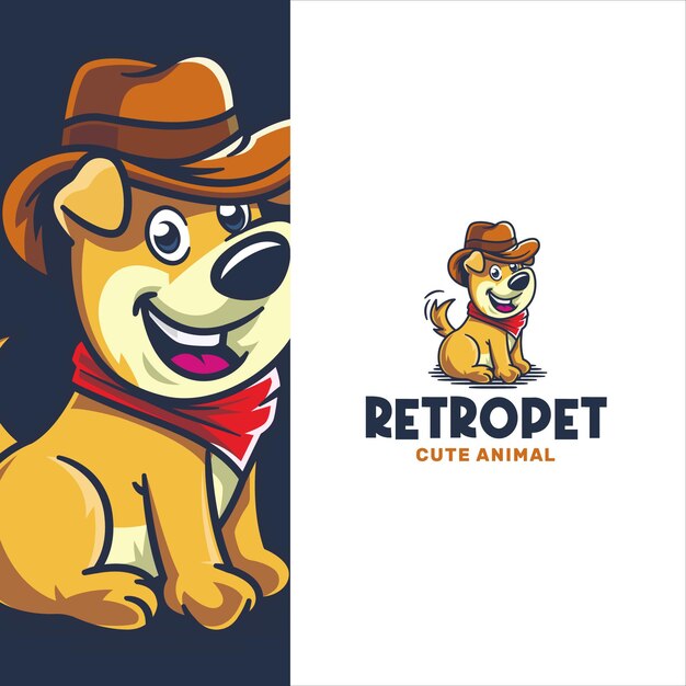 Vector perro lindo retro con plantilla de logotipo de sombrero de vaquero