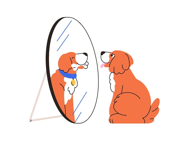 Perro lindo soñador mirando el reflejo en el espejo imaginando hueso perro feliz gracioso soñando deseando comida concepto de imaginación ilustración vectorial gráfica plana aislada sobre fondo blanco