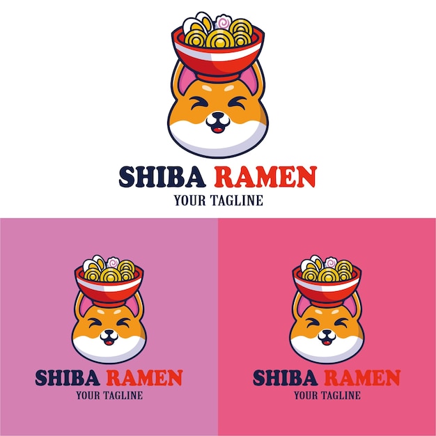 Perro lindo vector con un tazón de ramen en su mascota del logotipo de la cabeza