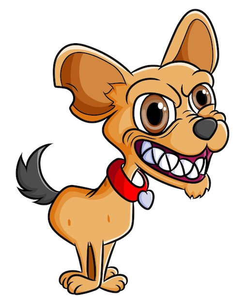 El perro loco con los dientes afilados está dando la cara enojada de la ilustración.